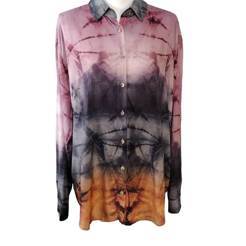 Johnny Was Calme Oversized Tie Dye Button Front Long Sleeve Shirt M